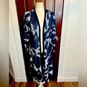 Chicos chambray blue,light blue and metallic thread knit floral duster